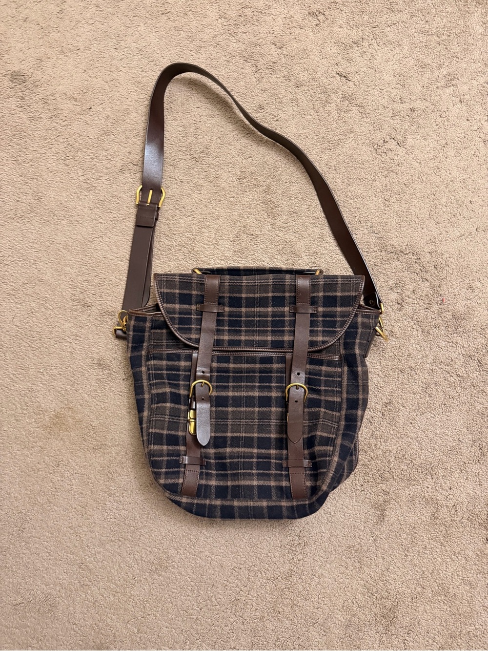 Salvatore Ferragamo Brown Plaid Messenger Bag with Leather Straps